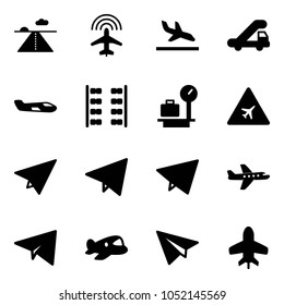 Solid vector icon set - runway vector, plane radar, arrival, trap truck, small, seats, baggage scales, airport road sign, paper, fly, toy