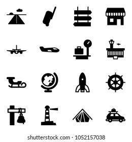 Solid vector icon set - runway vector, suitcase, sign post, duty free, plane, small, baggage scales, airport building, sleigh, globe, rocket, hand wheel, ship bell, lighthouse, tent, car
