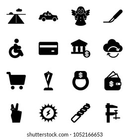 Solid vector icon set - runway vector, safety car, angel, scalpel, disabled, credit card, account, refresh cloud, cart, pennant, finger ring, finance management, victory, sun power, drill, clamp