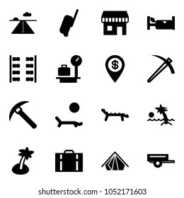 Solid vector icon set - runway vector, suitcase, duty free, hotel, plane seats, baggage scales, dollar pin, job, rock axe, lounger, palm, tent, trailer