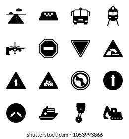 Solid vector icon set - runway vector, taxi, airport bus, train, boarding passengers, no way road sign, giving, embankment, intersection, for moto, left turn, only forward, detour, cruiser, piston