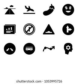 Solid vector icon set - runway vector, arrival, eggplant, dollar smile, statistics report, no parkin odd, artificial unevenness road sign, only forward right, detour, bus, chart point arrow