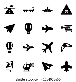 Solid vector icon set - runway vector, baggage truck, plane, airport road sign, paper, air balloon, helicopter, boomerang, kite, toy