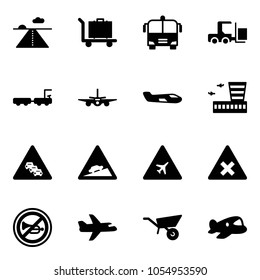Solid vector icon set - runway vector, baggage, airport bus, fork loader, truck, plane, small, building, multi lane traffic road sign, climb, railway intersection, no horn, wheelbarrow, toy