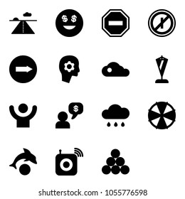 Solid vector icon set - runway vector, dollar smile, no way road sign, parkin odd, only right, brain work, cloud, pennant, success, money dialog, rain, parasol, dolphin, wireless speaker