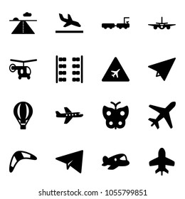 Solid vector icon set - runway vector, arrival, baggage truck, plane, helicopter, seats, airport road sign, paper, air balloon, butterfly, boomerang, toy