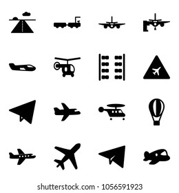 Solid vector icon set - runway vector, baggage truck, plane, boarding passengers, small, helicopter, seats, airport road sign, paper fly, air balloon, toy