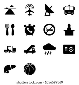 Solid vector icon set - runway vector, plane radar, satellite antenna, airport bus, spoon and fork, phone alarm, no smoking sign, recieptionist, loader, trap truck, storm, safe, liver