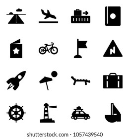 Solid vector icon set - runway vector, arrival, baggage, passport, star postcard, bike, flag, abrupt turn right road sign, rocket, beach, lounger, suitcase, hand wheel, lighthouse, car, sailboat toy