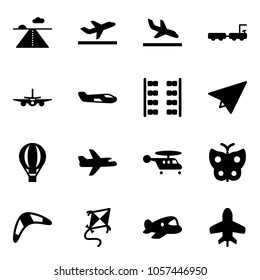 Solid vector icon set - runway vector, departure, arrival, baggage truck, plane, small, seats, paper, air balloon, helicopter, butterfly, boomerang, kite, toy