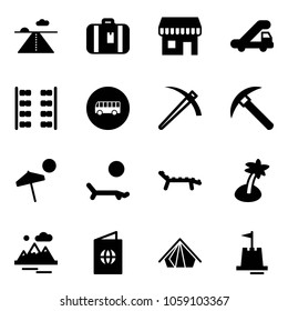 Solid vector icon set - runway vector, suitcase, duty free, trap truck, plane seats, bus road sign, job, rock axe, beach, lounger, palm, mountains, passport, tent, sand castle