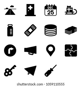 Solid vector icon set - runway vector, first aid room, 25 dec calendar, sleigh gift, vial, medical patch, coin, dollar, only right road sign, loudspeaker, map pin, puzzle, key, paper fly