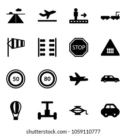 Solid vector icon set - runway vector, departure, travolator, baggage truck, side wind, plane seats, stop road sign, railway intersection, speed limit 50, 80, limousine, air balloon, gyroscope, jack