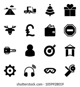 Solid vector icon set - runway vector, fork loader, christmas tree, gift, deer, pound, wallet, no way road sign, key, user, target, pennant, gear, wireless headphones, protective glasses