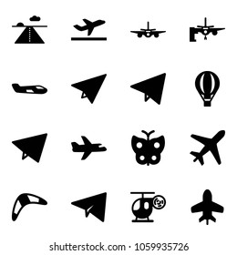 Solid vector icon set - runway vector, departure, plane, boarding passengers, small, paper, fly, air balloon, butterfly, boomerang, helicopter toy