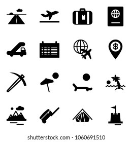 Solid vector icon set - runway vector, departure, suitcase, passport, trap truck, schedule, plane globe, dollar pin, job, beach, lounger, palm, mountains, tent, sand castle