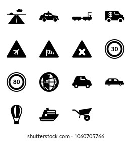 Solid vector icon set - runway vector, safety car, baggage truck, encashment, airport road sign, side wind, railway intersection, speed limit 30, 80, globe, limousine, air balloon, cruiser