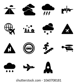Solid vector icon set - runway vector, clouds, storm, boarding passengers, plane globe, christmas landscape, snowfall, airport road sign, abrupt turn right, no bus, career, helicopter, rain cloud