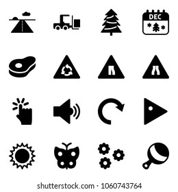 Solid vector icon set - runway vector, fork loader, christmas tree, calendar, meat, round motion road sign, narrows, hand touch, volume medium, redo, play, sun, butterfly, flower, beanbag