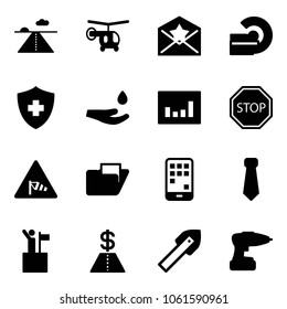 Solid vector icon set - runway vector, helicopter, star letter, mri, drop hand, statistics, stop road sign, side wind, folder, mobile, tie, win, dollar, tile drill