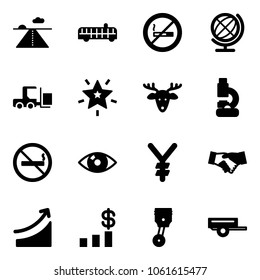 Solid vector icon set - runway vector, airport bus, no smoking sign, globe, fork loader, christmas star, deer, lab, eye, yen, agreement, rise, dollar chart, piston, trailer