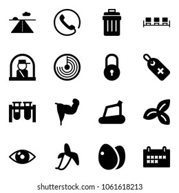 Solid vector icon set - runway vector, phone, trash bin, waiting area, officer window, radar, lock, medical label, vial, power hand, treadmill, three leafs, eye, banana, eggs, schedule