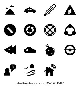 Solid vector icon set - runway vector, safety car, thermometer, abrupt turn right road sign, detour, circle, no stop, social, fast backward, cloud, moon flag, target, money dialog, waves