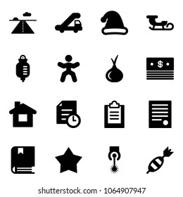 Solid vector icon set - runway vector, trap truck, christmas hat, sleigh, drop counter, gymnastics, onion, dollar, home, history, clipboard, agreement, book, star medal, laser, dart