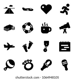 Solid vector icon set - runway vector, small plane, heart, run, cash, friends, hot tea, telescope, feet, piston, terms plan, beanbag