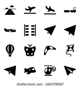 Solid vector icon set - runway vector, departure, arrival, baggage truck, small plane, seats, paper, fly, air balloon, butterfly, boomerang, kite, toy, helicopter