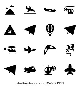 Solid vector icon set - runway vector, arrival, small plane, helicopter, airport road sign, paper fly, air balloon, boomerang, kite, toy