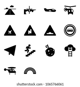 Solid vector icon set - runway vector, boarding passengers, small plane, helicopter, airport road sign, abrupt turn right, artificial unevenness, no bus, paper fly, career, moon flag, cloud ladder