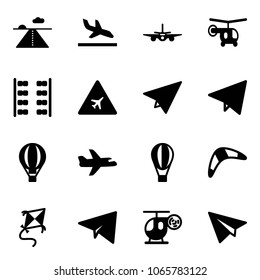 Solid vector icon set - runway vector, arrival, plane, helicopter, seats, airport road sign, paper, fly, air balloon, boomerang, kite, toy