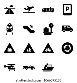 Solid vector icon set - runway vector, departure, airport bus, parking sign, train, escalator down, baggage scales, encashment car, tunnel road, children, for moto, circle, helicopter, cabrio