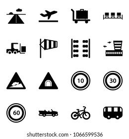 Solid Vector Icon Set - Runway Vector, Departure, Baggage, Waiting Area, Fork Loader, Side Wind, Plane Seats, Airport Building, Climb Road Sign, Tunnel, Speed Limit 10, 30, 60, Cabrio, Bike, Toy Bus