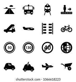 Solid vector icon set - runway vector, airport bus, train, travolator, trap truck, small plane, seats, bike, speed limit 50 road sign, 130, end, globe, car, electric, wheelbarrow