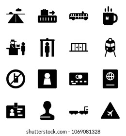 Solid vector icon set - runway vector, baggage, airport bus, tea, passport control, metal detector gate, automatic doors, train, no mobile sign, female wc, credit card, identity, stamp, truck, road