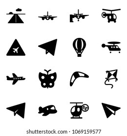 Solid vector icon set - runway vector, plane, boarding passengers, helicopter, airport road sign, paper fly, air balloon, butterfly, boomerang, kite, toy