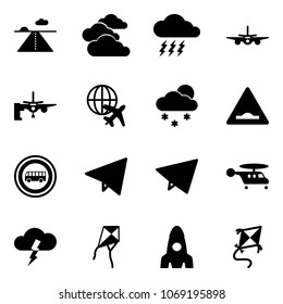 Solid vector icon set - runway vector, clouds, storm, plane, boarding passengers, globe, snowfall, artificial unevenness road sign, no bus, paper fly, helicopter, kite, rocket