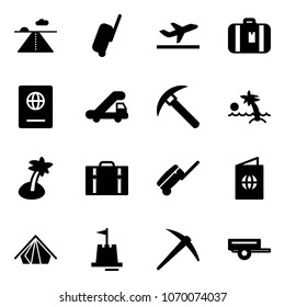 Solid vector icon set - runway vector, suitcase, departure, passport, trap truck, rock axe, palm, tent, sand castle, trailer