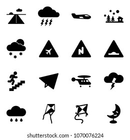 Solid vector icon set - runway vector, storm, small plane, christmas landscape, snowfall, airport road sign, abrupt turn right, artificial unevenness, career, paper fly, helicopter, rain cloud, kite