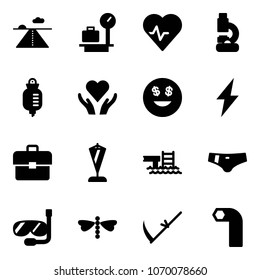 Solid vector icon set - runway vector, baggage scales, heart pulse, lab, drop counter, care, dollar smile, lightning, portfolio, pennant, pool, swimsuit, diving, dragonfly, scythe, allen key