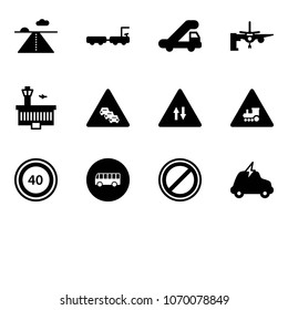 Solid vector icon set - runway vector, baggage truck, trap, boarding passengers, airport building, multi lane traffic road sign, oncoming, railway intersection, speed limit 40, bus, no parking