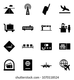 Solid vector icon set - runway vector, antenna, suitcase, arrival, baggage, airport bus, barrier, passport control, smoking area sign, waiting, credit card, ticket, plane, globe