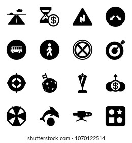 Solid vector icon set - runway vector, account history, abrupt turn right road sign, detour, bus, pedestrian way, no stop, target, moon flag, pennant, dollar growth, parasol, dolphin, pipe welding
