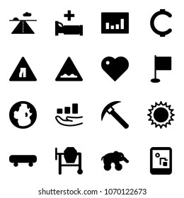 Solid vector icon set - runway vector, hospital bed, statistics, cent, Road narrows sign, rough, heart, flag, globe, growth, rock axe, sun, skateboard, cocncrete mixer, elephant wheel, game console