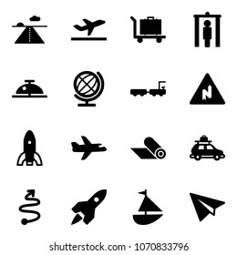 Solid vector icon set - runway vector, departure, baggage, metal detector gate, client bell, globe, truck, abrupt turn right road sign, rocket, plane, mat, car, trip, sailboat toy, paper