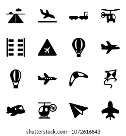 Solid vector icon set - runway vector, arrival, baggage truck, helicopter, plane seats, airport road sign, air balloon, boomerang, kite, toy, paper