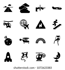 Solid vector icon set - runway vector, clouds, boarding passengers, small plane, helicopter, globe, abrupt turn right road sign, career, moon flag, rainbow, kite, rocket, toy, lamp