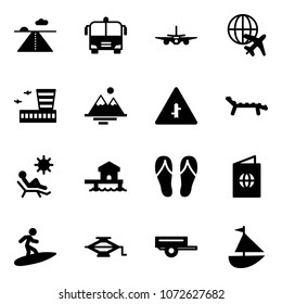 Solid vector icon set - runway vector, airport bus, plane, globe, building, mountains, intersection road sign, lounger, beach, bungalow, flip flops, passport, surfing, jack, trailer, sailboat toy